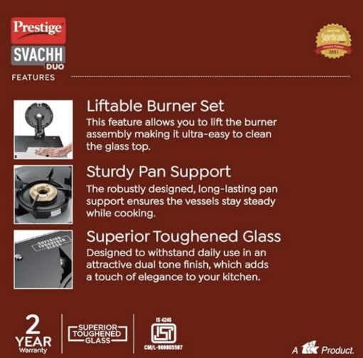 Prestige Svachh Duo GTSD 04 L Toughened Glass with Liftable 4 Burners Gas Stove, Black, Manual Ignition - Image 4